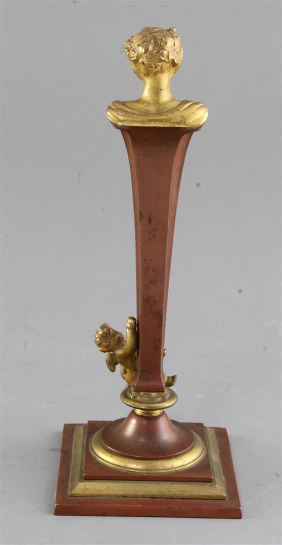 An early 20th century French gilt and patinated bronze desk thermometer, height 8in.